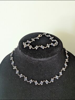 Silver Blue Bead Linked Necklace and Bracelet Set